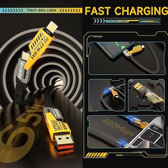 100/150/200CM 4-In-1 Charging Cable USB Type-C 8Pin 65W 480Mbps Fast Charging Cellphone Tablet Braided Data Cable Wire Cord