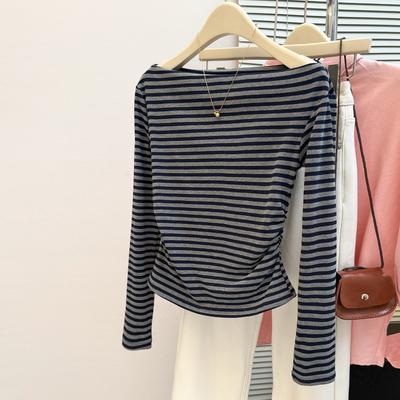 Real Shot Striped One-word Shoulder Long-sleeved T-shirt Women's Season New Slim-fit Bottoming Shirt Top