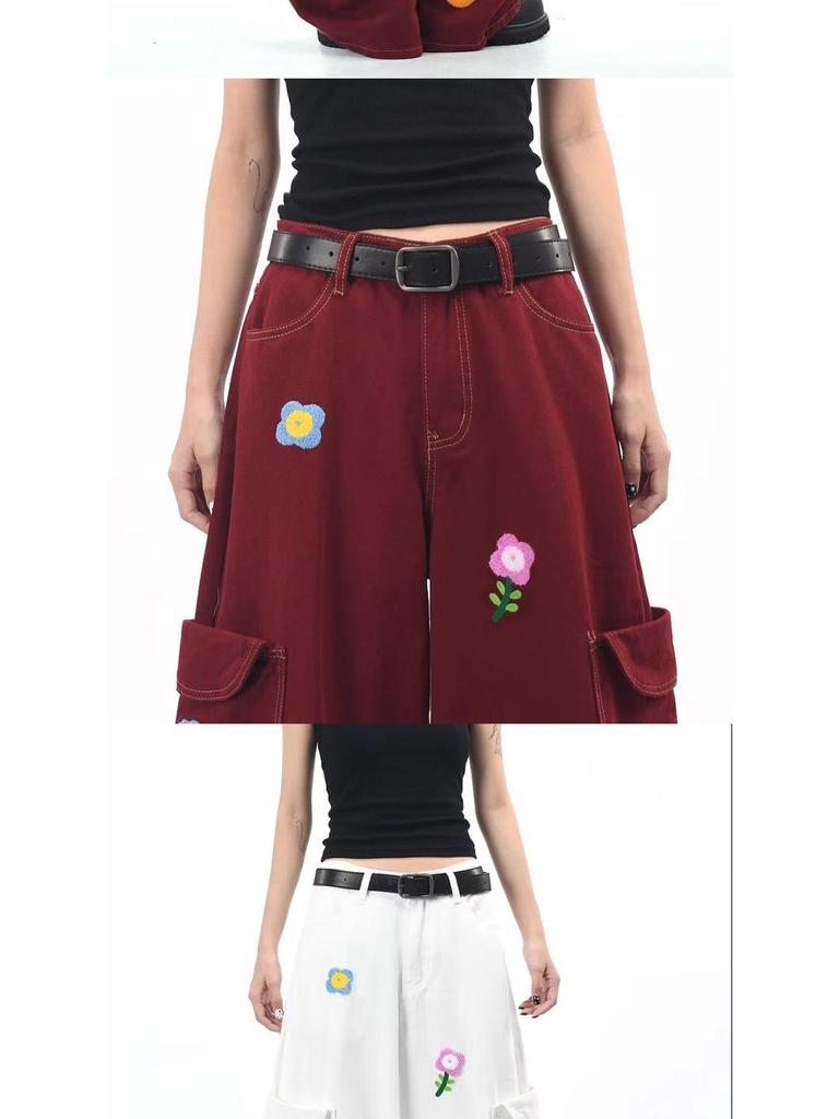 Burgundy Floral Embroidery Retro Cargo Pants - Unisex Loose Fit Denim with Wide Legs for Autumn