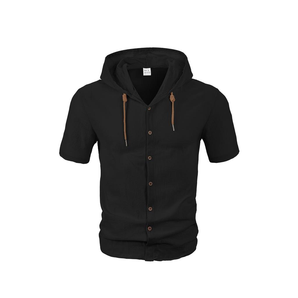 Men's Solid Color Cotton And Linen Short-sleeved Shirt Cardigan Loose Hooded Top