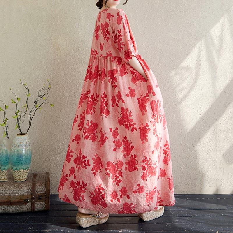 Krátký rukáv Plus size Bavlněné vintage květinové nové šaty pro ženy ležérní volné dlouhé letní šaty