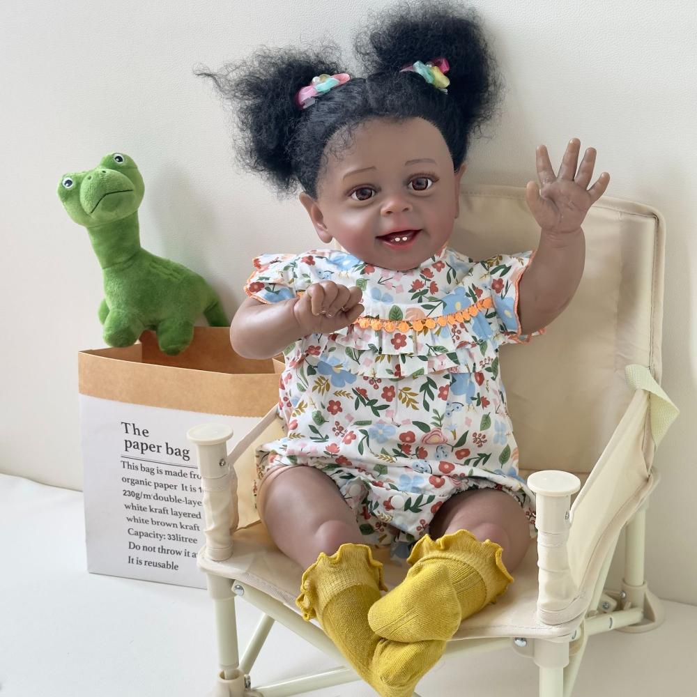 24'' 60cm Cloth Body Reborn Dolls YANNIK Handmade Rooted Exploding Hair Rebirth Doll Cute American Africa Dark Skin Simulation Regenerated Babies Doll