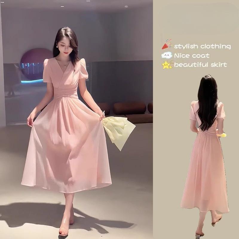 2026 Summer New Gentle Style Celebrity Temperament Waist Long Dress Summer Niche Short-sleeved Chiffon Fairy Dress