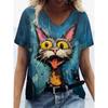 Summer V-neck Funny Cat Pattern 3D Printed Top Fashionable Casual Short Sleeved Women's T-shirts