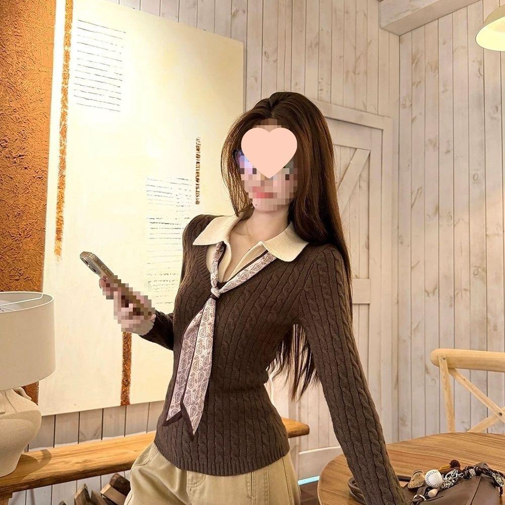 New splicing contrasting colors two-piece sweater long-sleeved knitted sweater top fabric autumn and winter slim fit