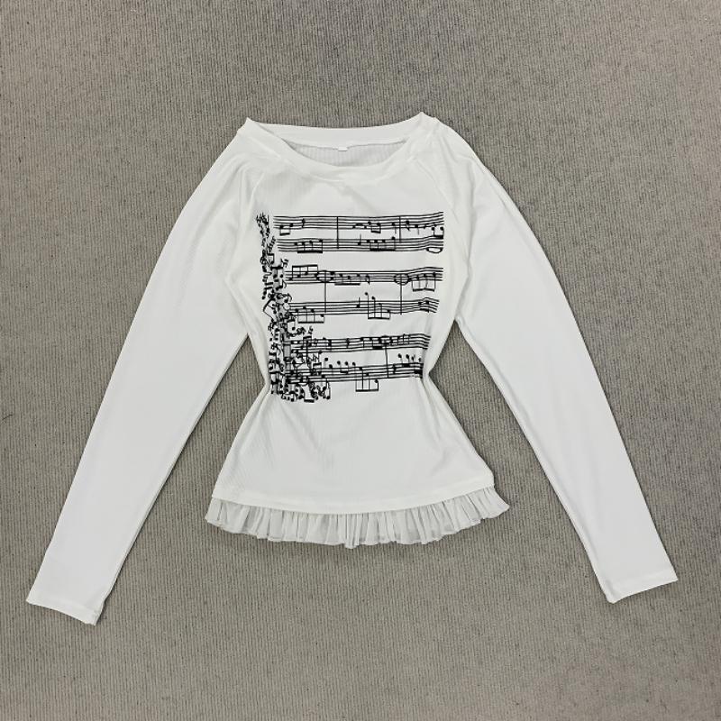 Abbigliamento Y2K Primavera e Autunno Personalizzato con Stampa di Note Musicali Grembiule Bordo Piccola Gonna Design Girocollo Top