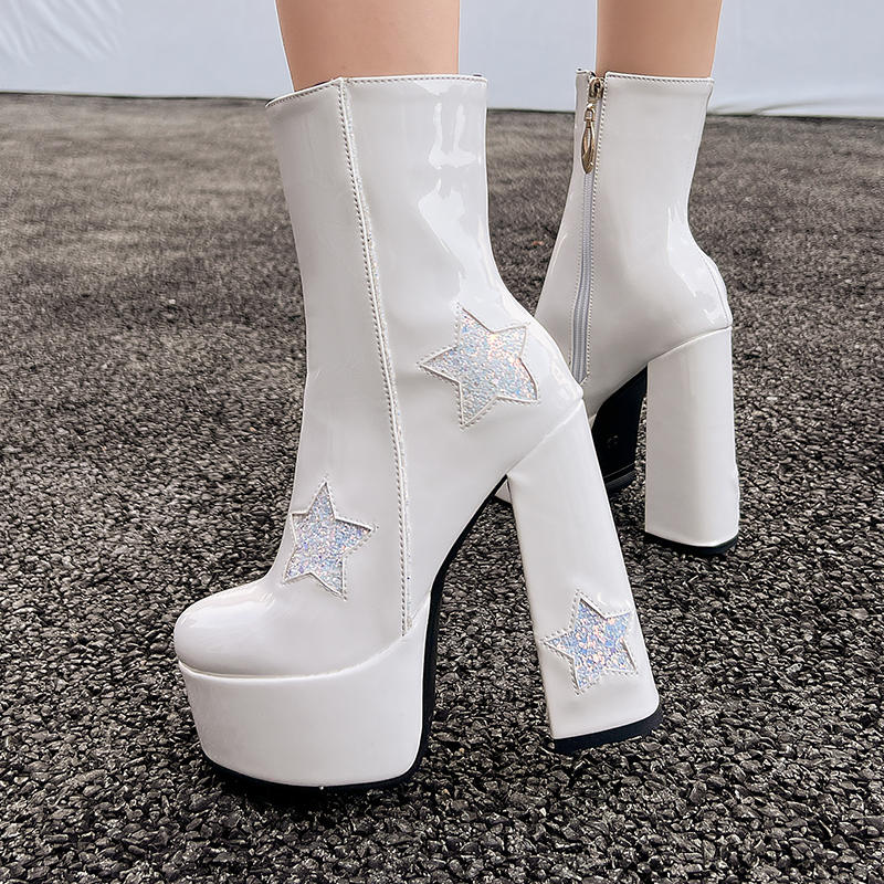 Women's High-heeled Short Boots Fashion European and American Style Autumn and Winter New Waterproof Table Thick-heeled Large-size Short Boots