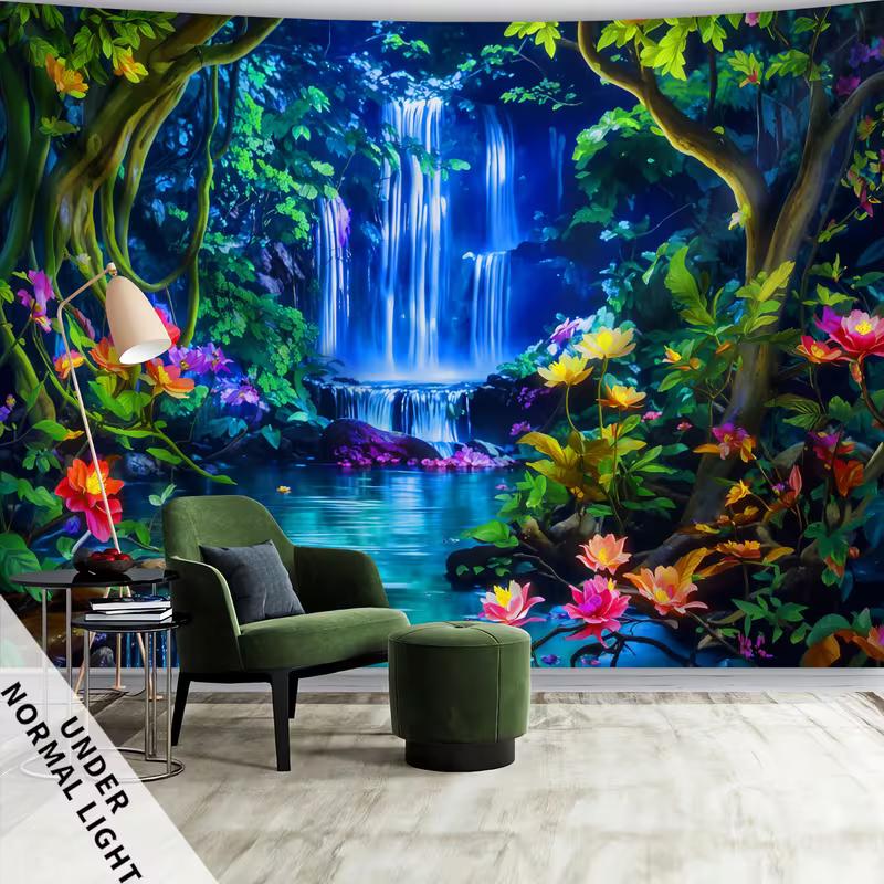 2D Blacklight Waterfall Tapestry Psychedelic Forest Wall Hanging for Bedroom Decor