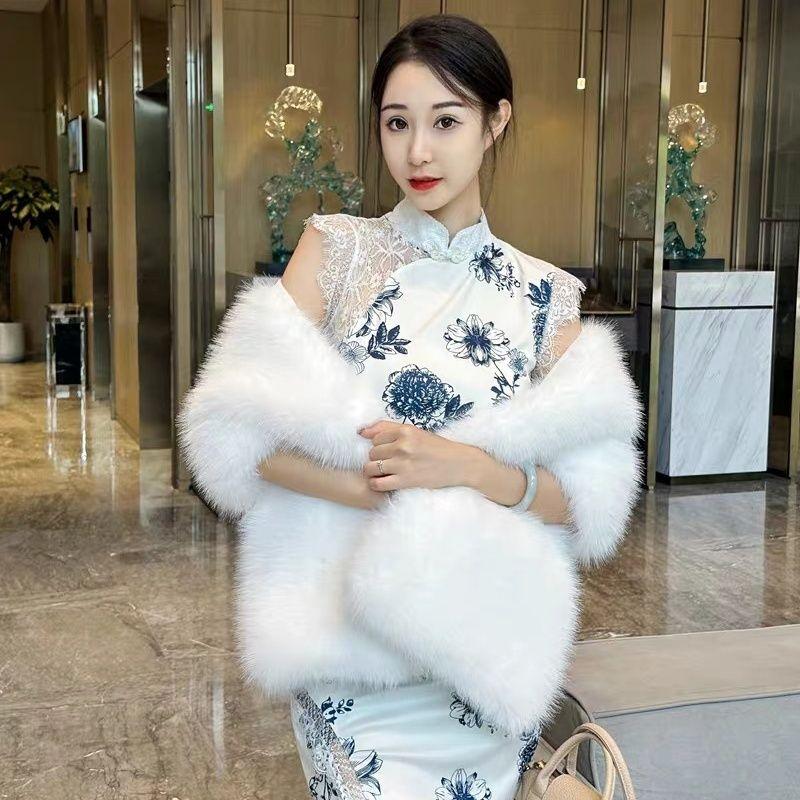 Rectangular Shawl Faux Fox Fur Cheongsam Wedding Dress Travel Photography Outerwear Skirt Banquet Cape Cloak
