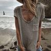 Women T-shirt Round Neck Short Sleeve Patch Pocket Tee Shirt Solid Color Loose Fit Thin Pullover Tops Daily Wear