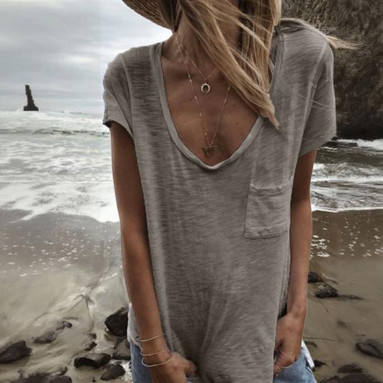 Tricou de damă cu gât rotund, mânecă scurtă, buzunar aplicat, culoare uni, croială lejeră, subțire, pulover, pentru purtare zilnică