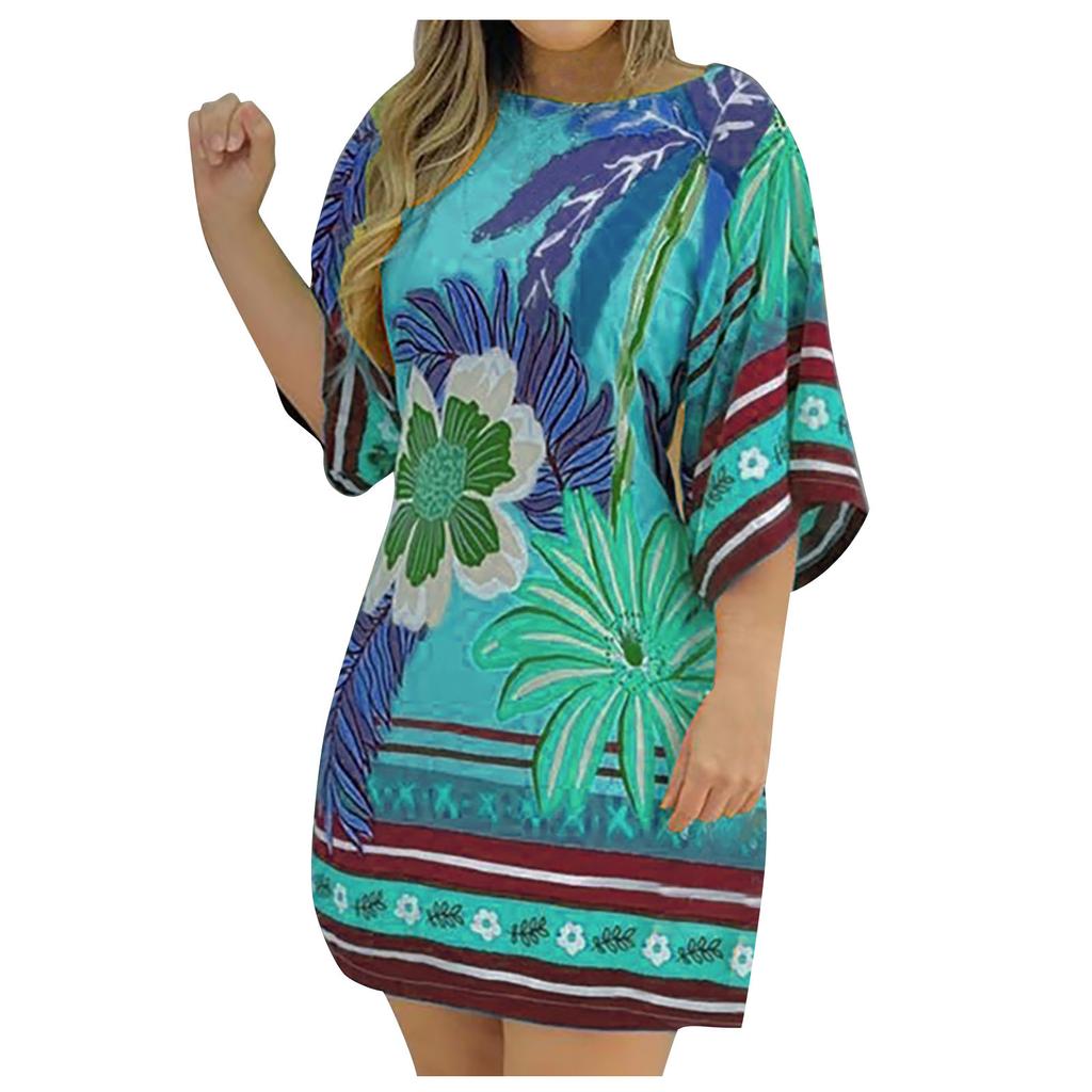 Women Boho Dress Short Sleeve Floral Printed Round Neck Casual Dress