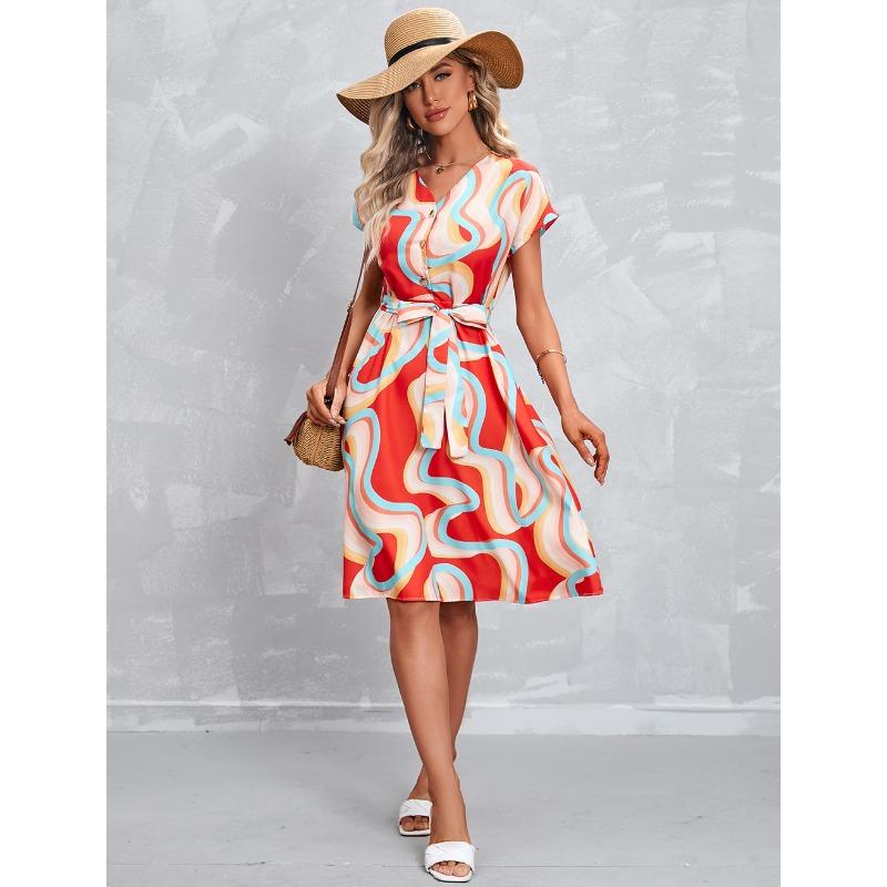 

Летнее элегантное платье с короткими рукавами и принтом 2XL красный