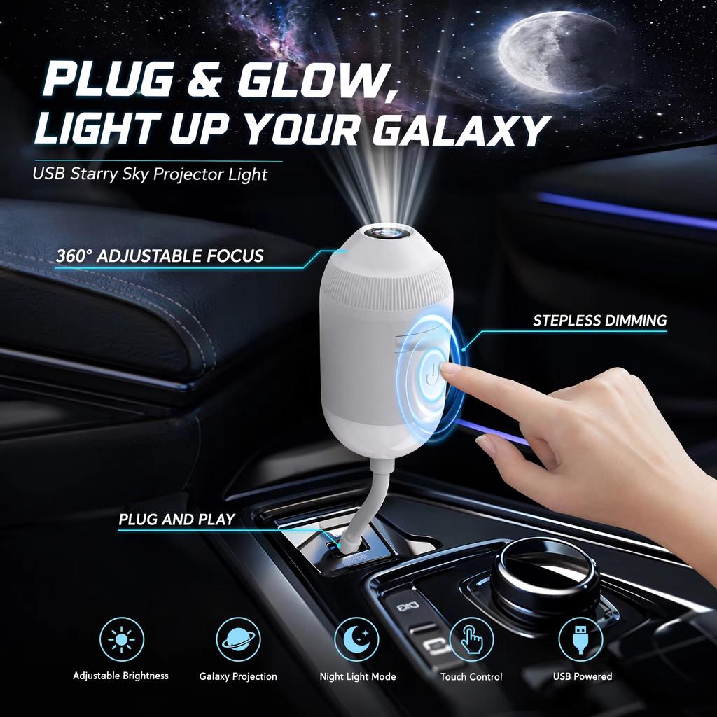 2 In 1 USB LED Projector Night Light 360 Rotation Galaxy Starry Sky Ambient Lamp for Car Home Bedroom Party Mood Light Decor