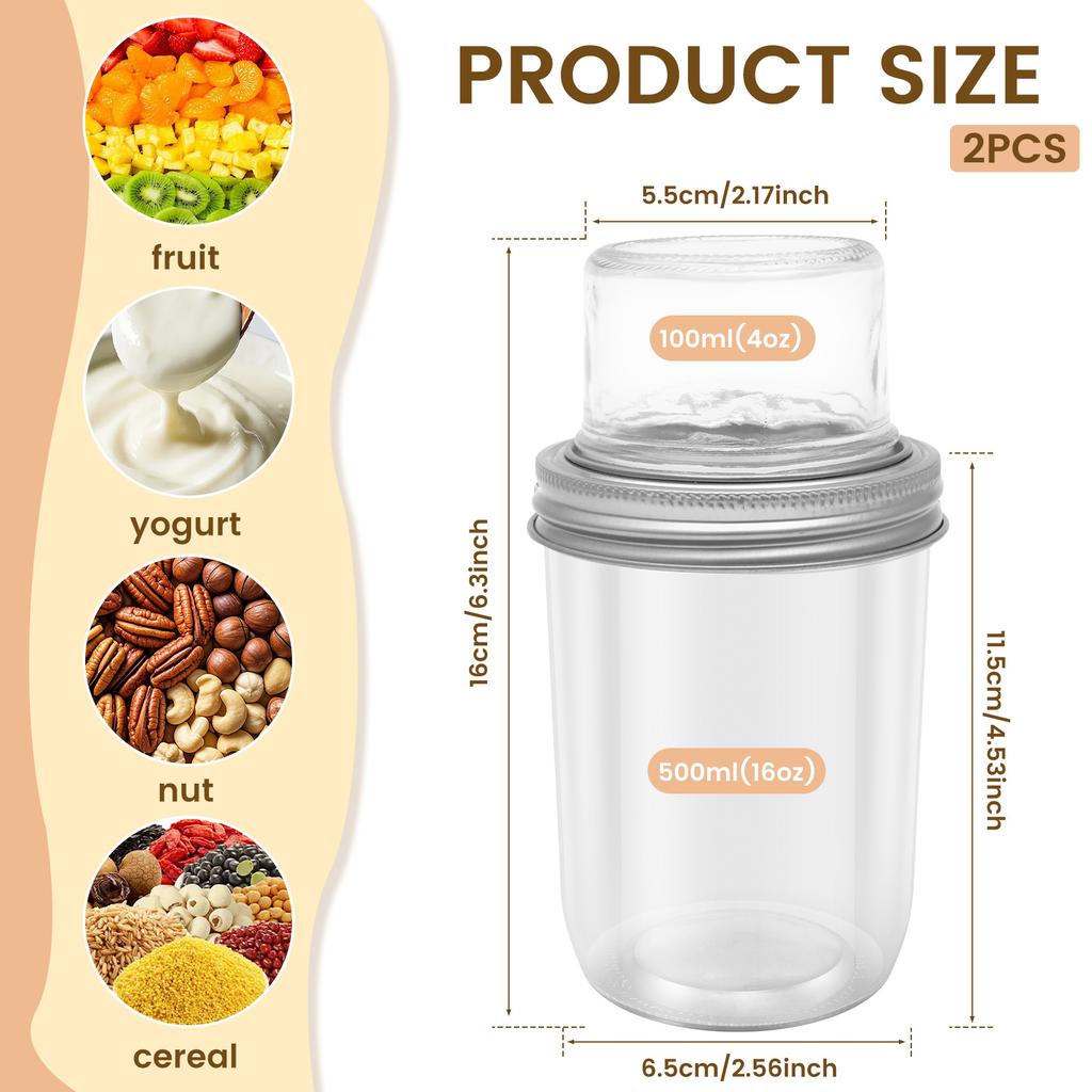 2/4 Pcs Breakfast Cup Salad Cups Clear Glass Overnight Oats Jar with Lid and Dry and Wet Separation Yogurt Meal Prep Container