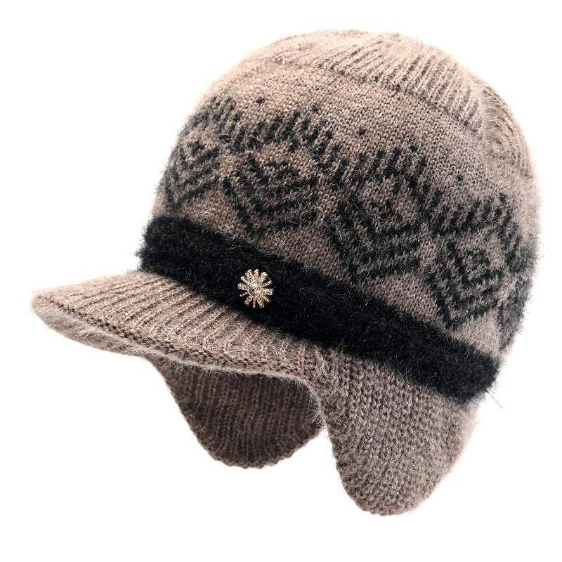 Winter Hat Female Old Lady Knitted Wool Hat Piled Thickened Warm and Cold Ear Hat