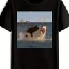 UnisexS Funny Shark Vs Cat T Shirt Black Crew Neck with Great White Vintage Washed Fashion Casual Homme Top For Everyday Wear
