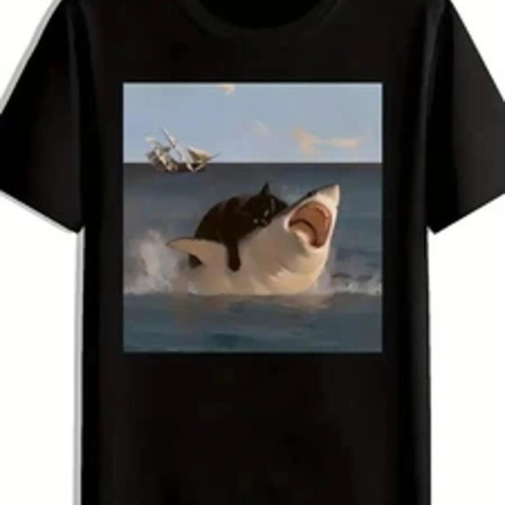 Unisexs Funny Shark Vs Cat T Shirt Black Crew Neck With Great White Vintage Fashion Casual Homme Top For Everyday Wear