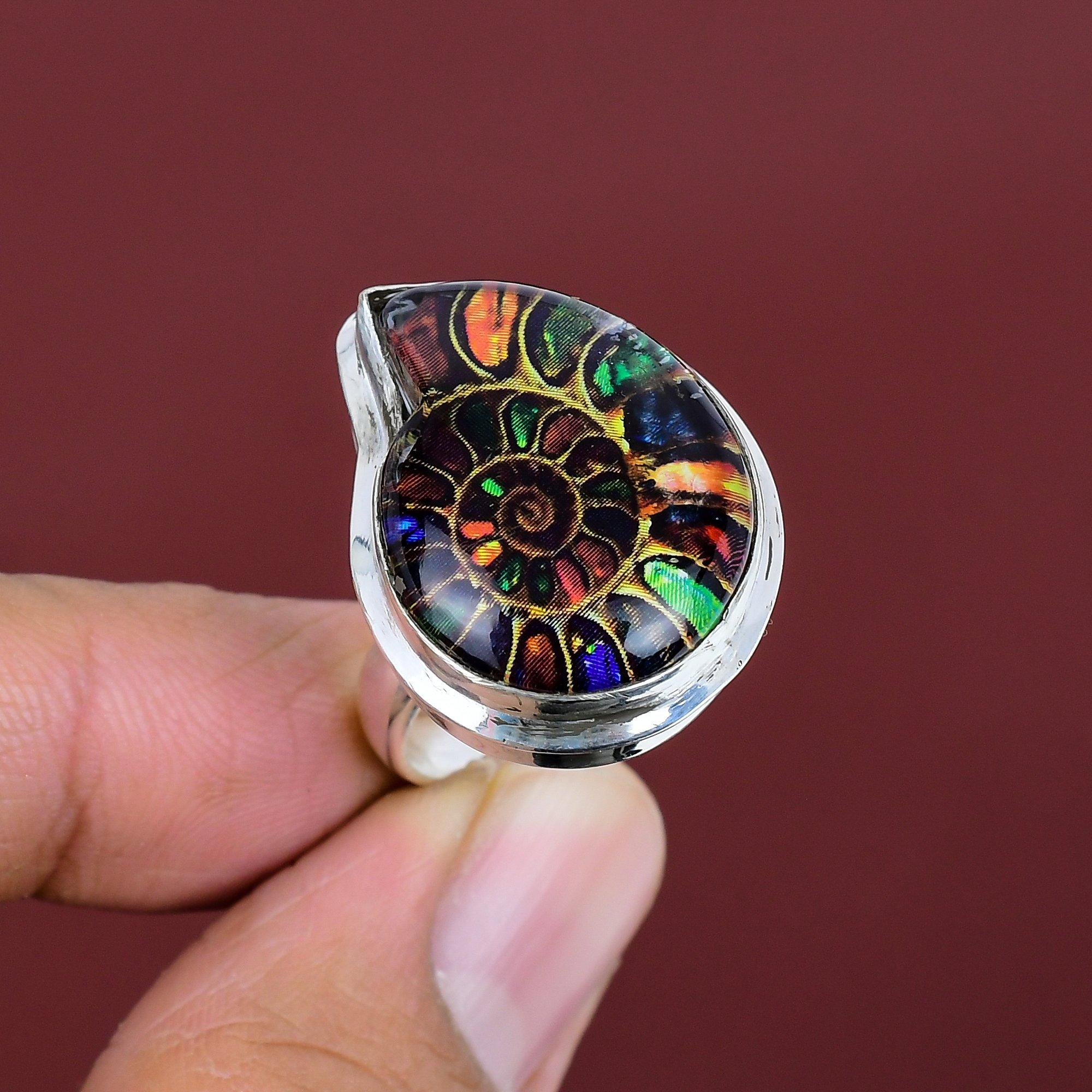 Multi shade ammonite fossil ring handmade gemstone ring antique jewelry 925 sterling silver ring beautiful adjustable ring anniversary gifts Adjustable