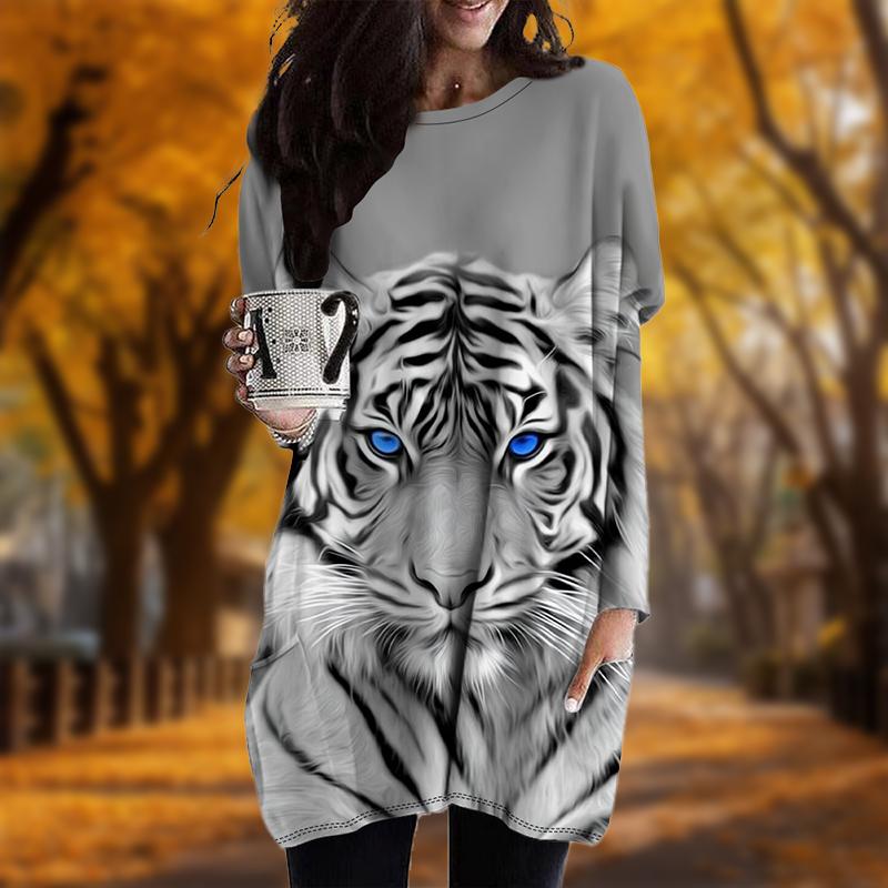 Novo no outono estampa de tigre vestido plus size feminino gola redonda mangas compridas vestidos casuais com bolso