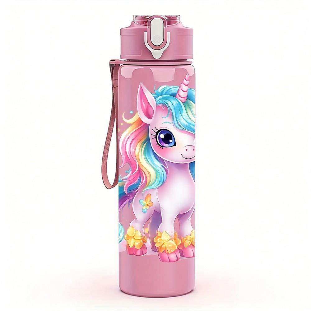 1PC Bright Pastel Unicorn Character Print 750ml Color Plastic Sports Water Bottle Leakproof Flip Straw Lid Suitable for Sports Office Home Use