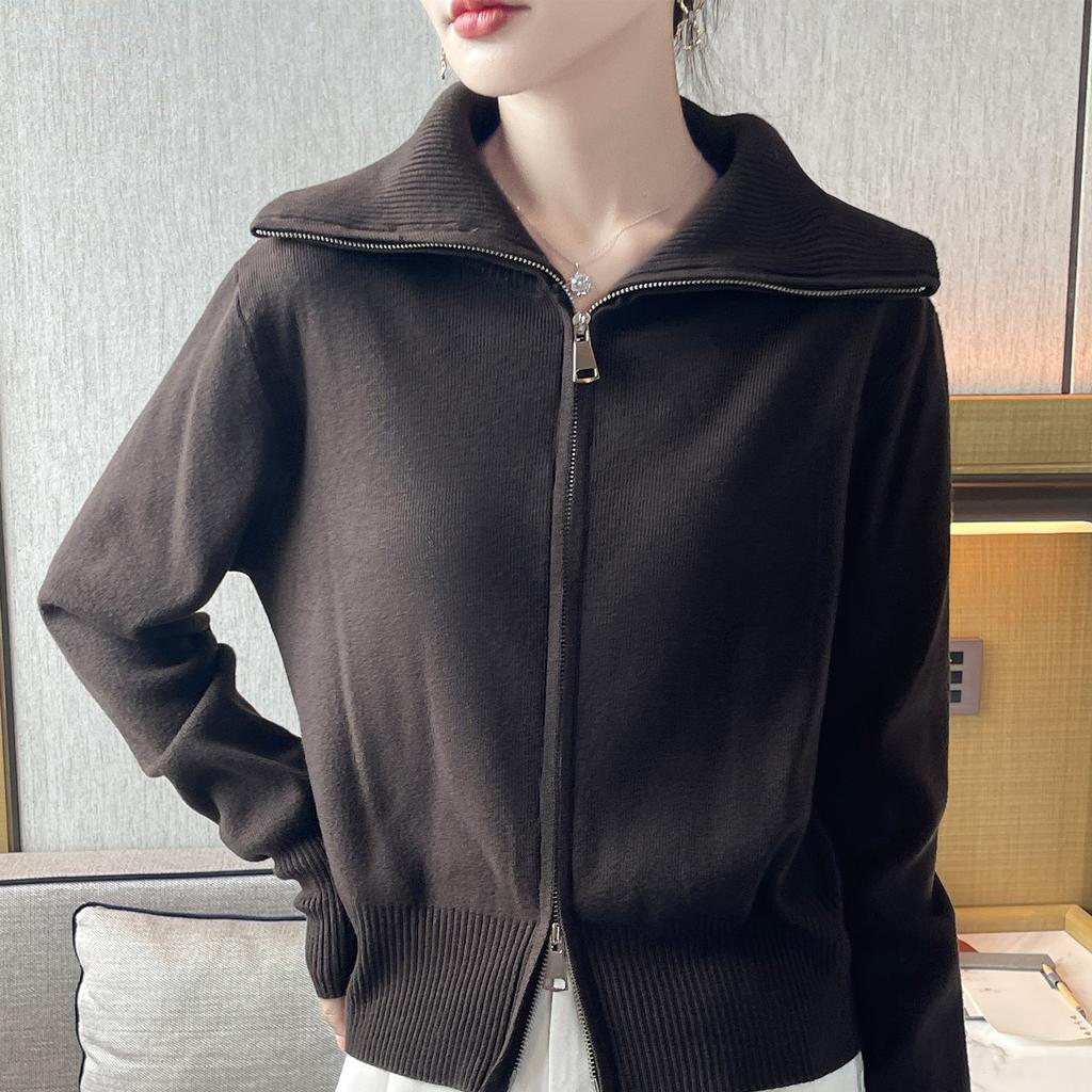Fashionable and Elegant Double-zipper Large Lapel Sweater Coat New Autumn and Winter Women's Solid-color Knitted Cardigan