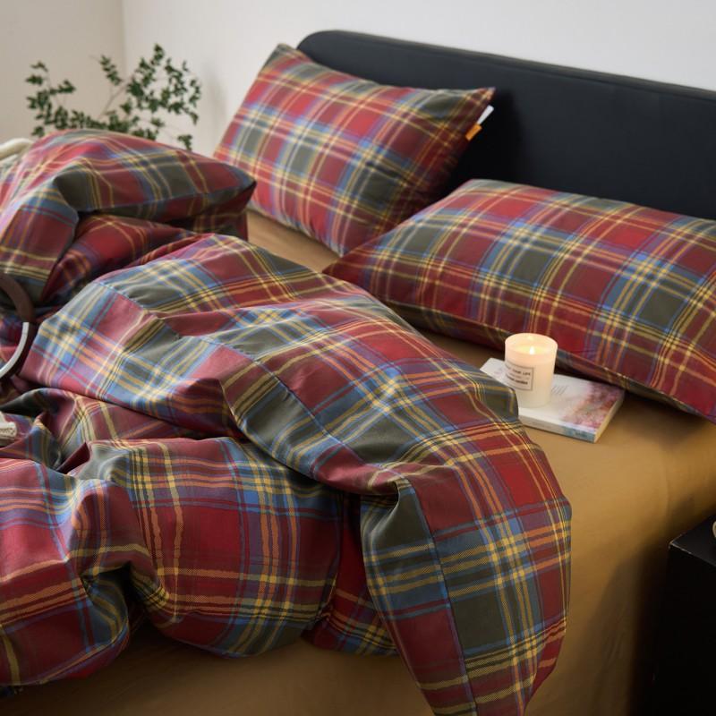 100% Cotton Bedding Set Simple Plaid Dorm Guest Room Bed Sheet Duvet Cover Pillowcase