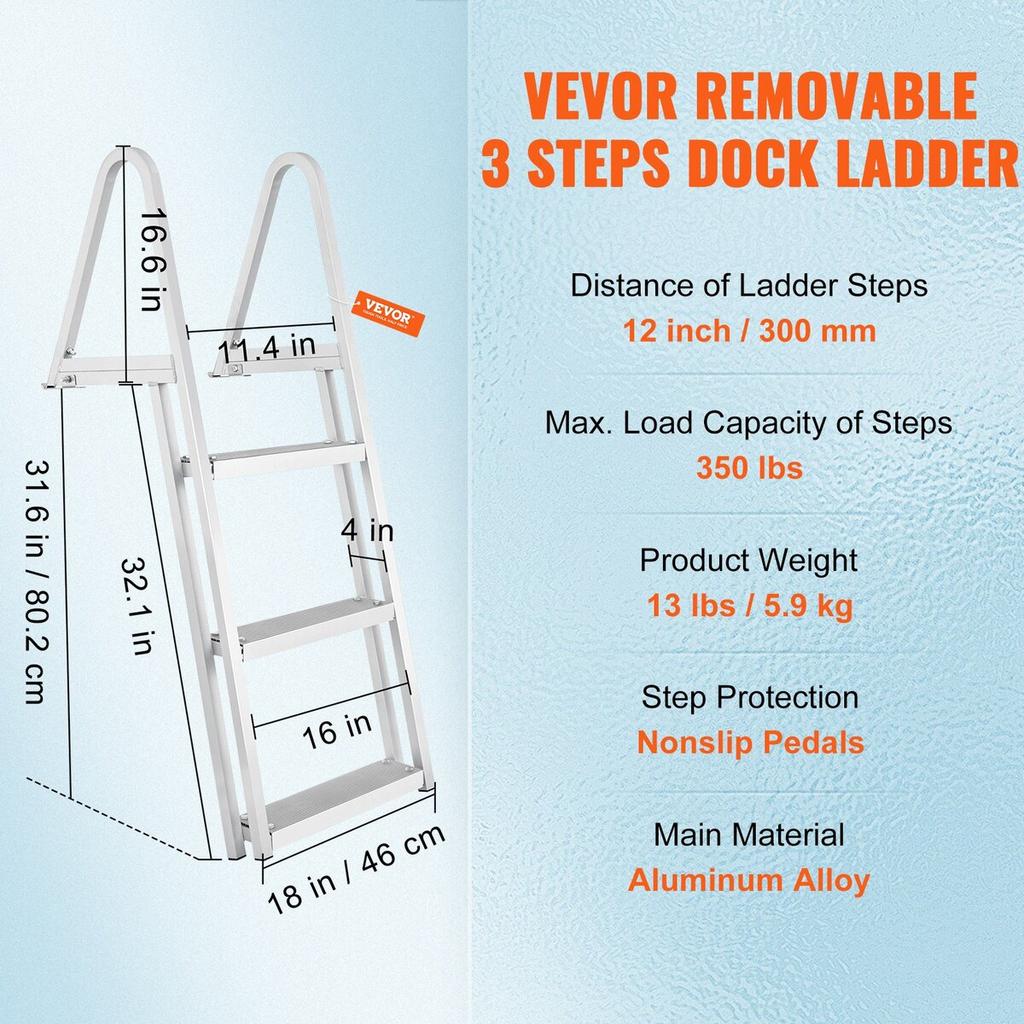 3-step ladder 159 kg boat ladder removable 610 x 455 x 1225 mm