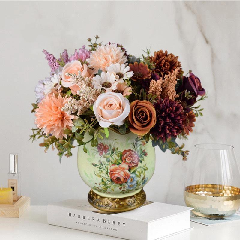 1Pc Artificial Roses Flowers Wedding Bridal Bouquet Garden Fake Silk Peony Hydrangeas Vase Home Decoration Photography Props