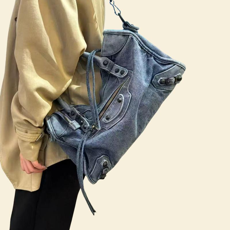 26 Nuova Borsa da Moto Rivettata da Città Stile Neutro Retrò Borsa a Mano in Denim Lavato a Tracolla
