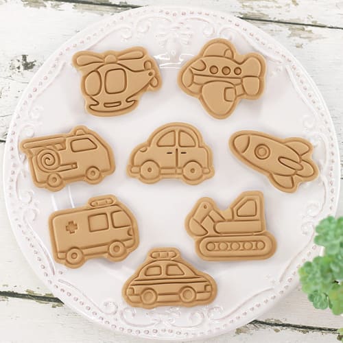 BREYLEE 8-Piece Vehicle A-Shaped Cookie Cutter Set: Car, Rocket, Bus, Ambulance, Excavator, Helicopter, Airplane. Perfect for baking, kitchen baking,