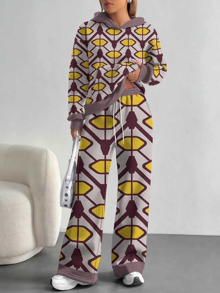 Flame splicing European and American autumn and winter casual long-sleeved suit women's hooded sweater trousers two-piece set