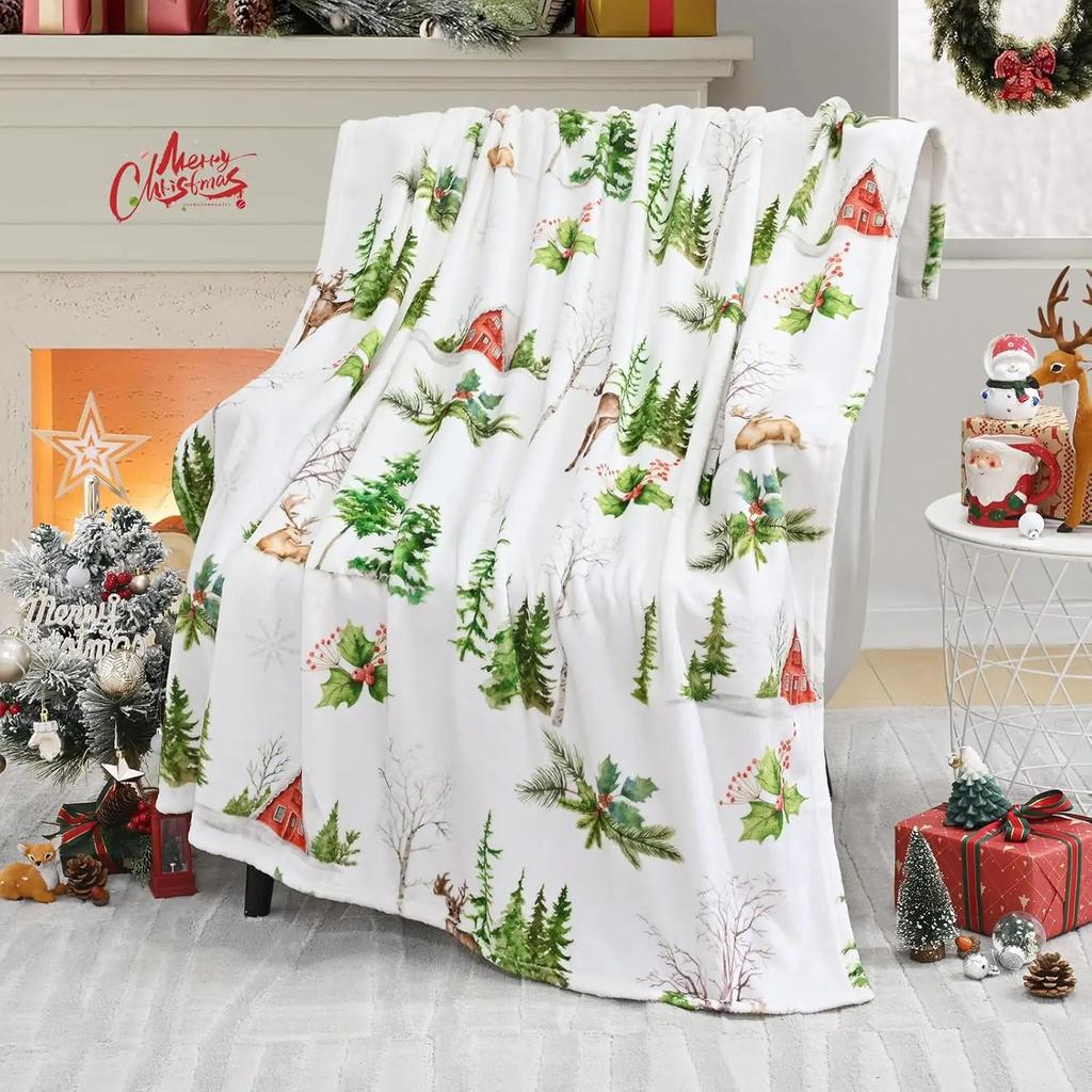 1PC Christmas Blanket Christmas Tree Christmas Throw Blanket Soft Warm Flannel Reindeer Christmas Blankets for Couch Bed Sofa