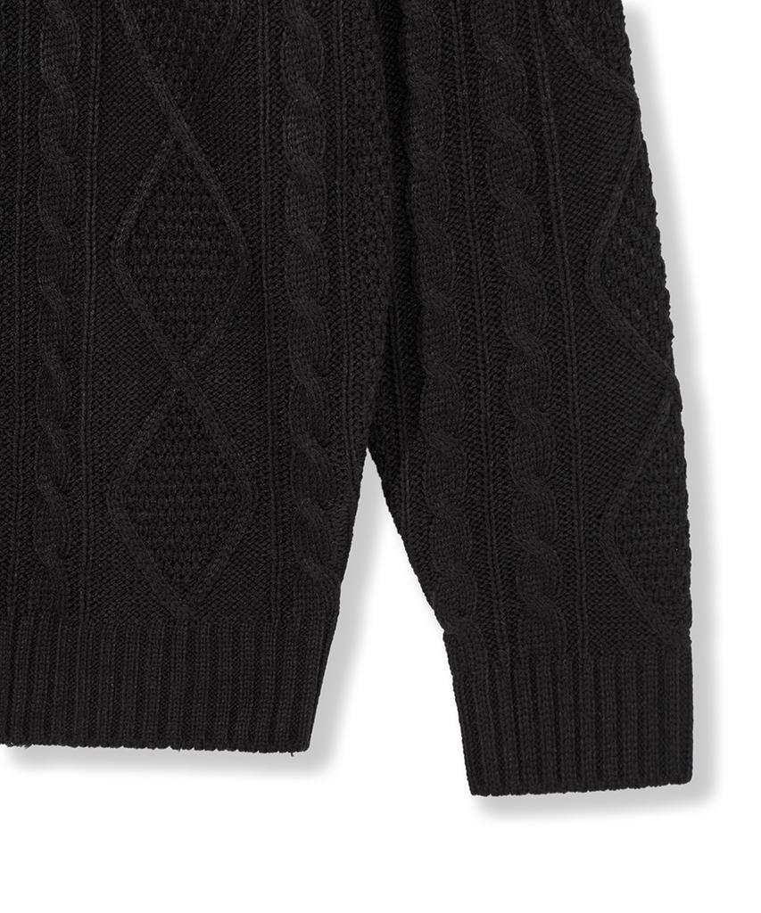 Nodu Fisherman Cable Round Neck Semi-Oversized Long Sleeve Knit Cable Knit Cardigan [Black]