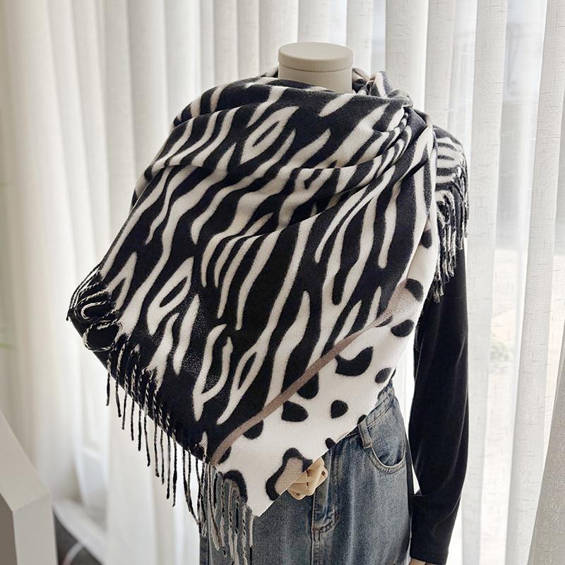 Scarf Female 1116 Autumn and Winter European and American Zebra Pattern Printing Tassel Imitation Cashmere Shawl Warm Scarf Wholesale