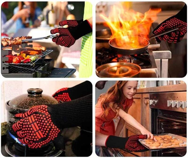 Anti-Cut Fireproof Oven Mitts Silicone Non-Slip Heat Resistant Kitchen Grilling Gloves Barbecue Cooking Baking Smoker Gloves
