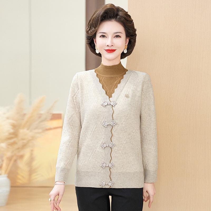 

Элегантный флисовый пуловер «два в одном» для женщин среднего и пожилого возраста - Уютная зимняя одежда 3XL (suggested 130-145 jin) абрикосовый/серый