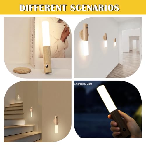 LANDGOO Motion Sensor Night Light, Magnetic Body Sensor, Hallway Rechargeable LED Light, Portable Staircase Light, Wooden Wall Sconce, Battery-Powered