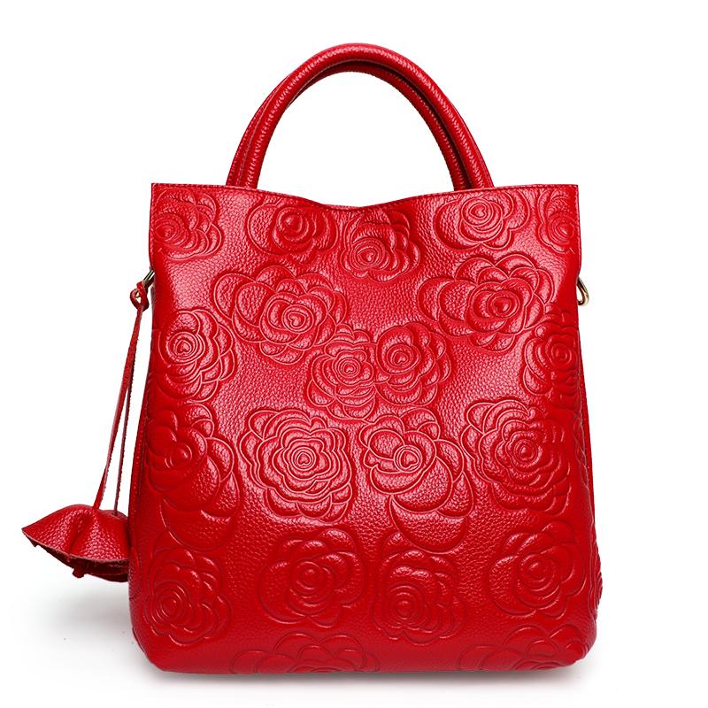 Minimalist Design Solid Color Women's Handbag Made of High-quality Cowhide with Printed Flowers Large Capacity