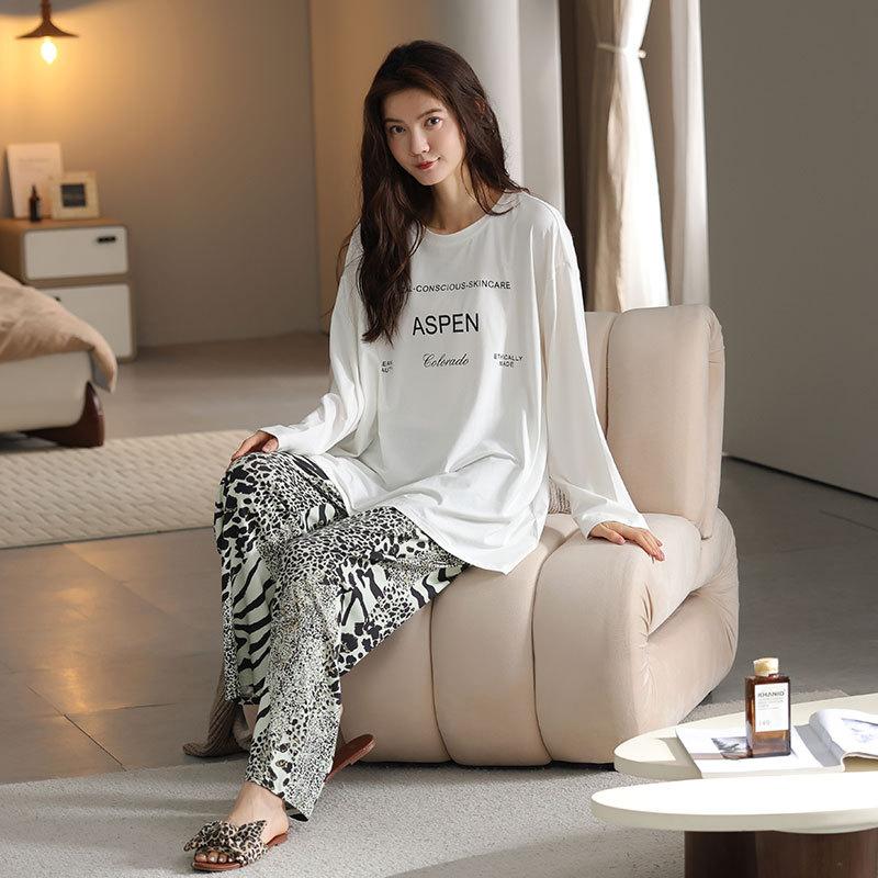 

Пижама женская из чистого хлопка с длинным рукавом, домашняя одежда, пуловер с круглым вырезом, можно носить на улице, черный высококачественный повседневный костюм 2XL