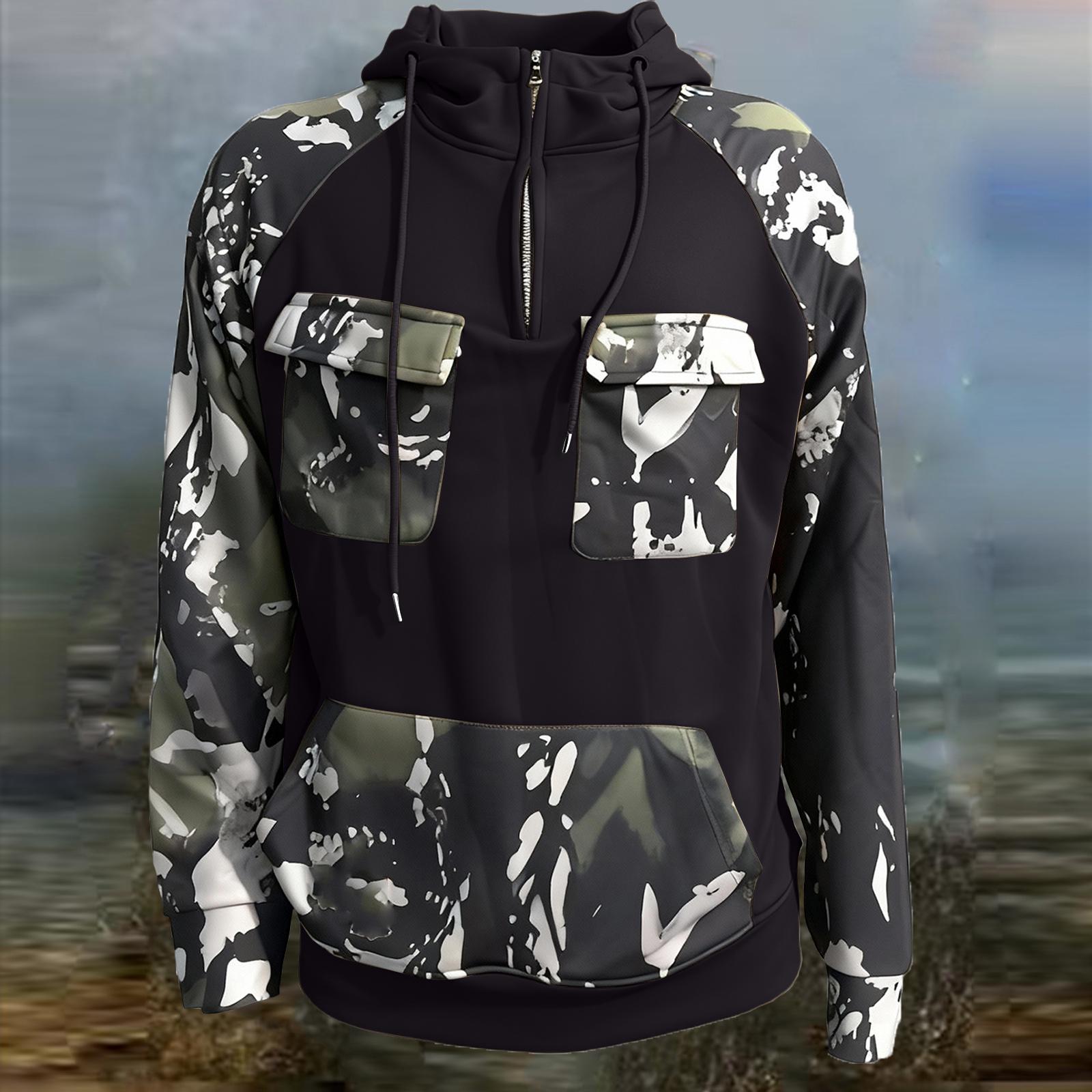 

Men Quater-Zip Pullover Vintage Sweatshirt Casual Long Sleeve Cargo Hoodies With Pocket XXL чорний