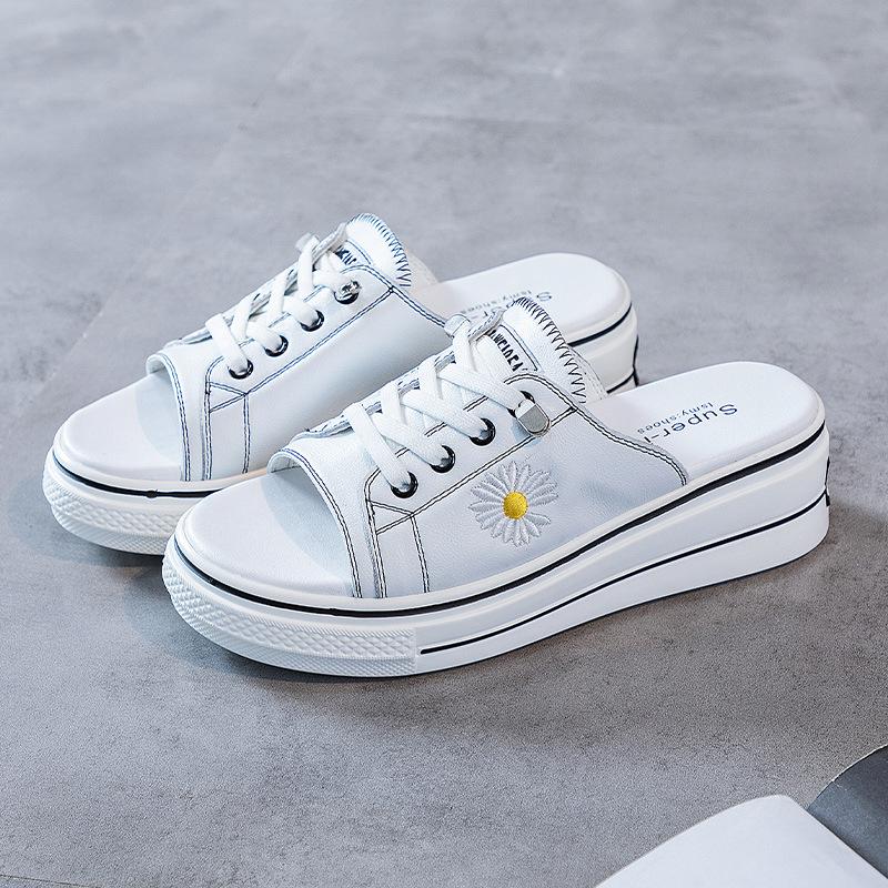Thick-soled slippers women s summer leather muffin bottom small daisies women s height increase non-slip 35