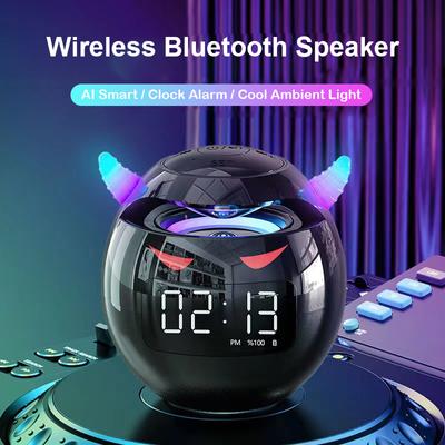 Portabel Cute Little Devil AI Smart Bluetooth-högtalare 3D Stereo Subwoofer Mini LED Digital klocka Väckarklocka Vattentät HIFI-musikdosa