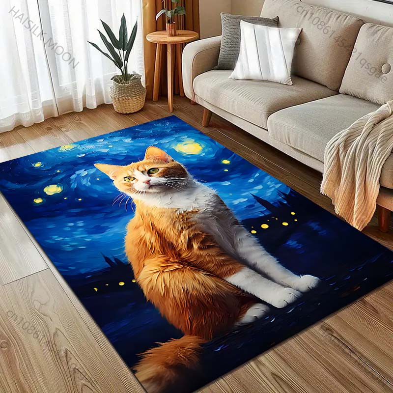 1 st Katt Orange Stjärnklar Natt Bakgrund Matta för Vardagsrum Sovrum Soffa Heminredning Rus Halkfri Golvmatta Lyxig Gåva