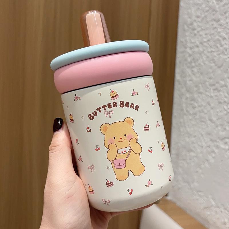 Butter bear thermos cup for girls, high value 316 stainless steel large capacity portable student cute straw cup