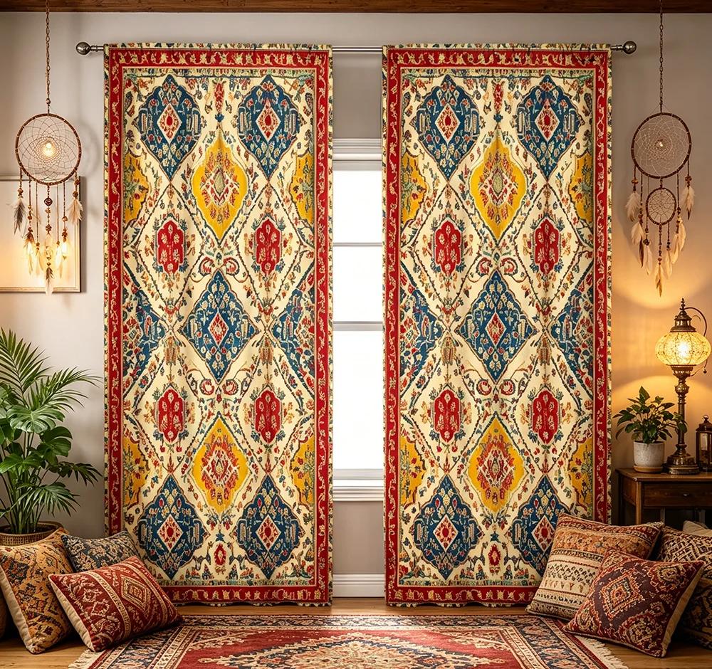 2PCS Digital Printed Curtains, Persian Ethnic Geometric Exotic Tribal, Modern Home Decor Style for Living Room Bedroom Decor