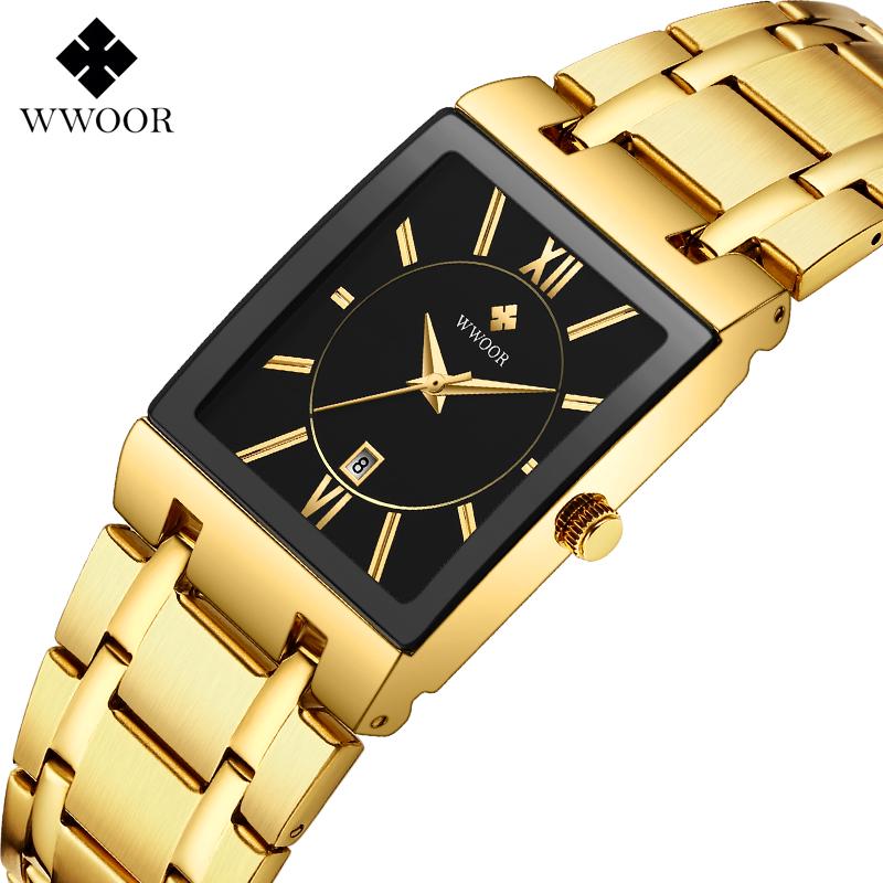 Fashion Stainless Steel Watches Men WWOOR Square Waterproof Quartz Watch Men Top Brand Luxury Gold Black Wristwatch For Man