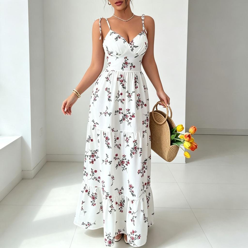 Sommerliches neues V-Ausschnitt, figurbetontes und dünnes, geblümtes langes Kleid, bedrucktes Feen-Trägerkleid