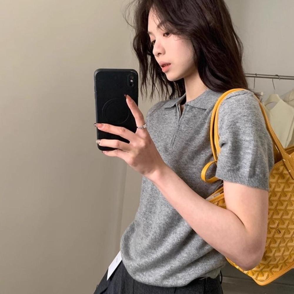 Spring Summer New Arrival Korean Simple and Versatile Polo Collar Short Sleeve Half Zip Knitted Sweater