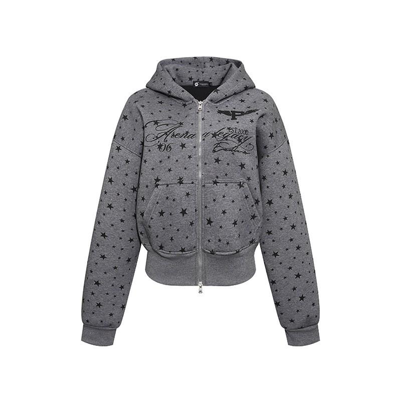 American Retro Star Print Hoodie Loose Fit Cropped Zip Up Streetwear Teens